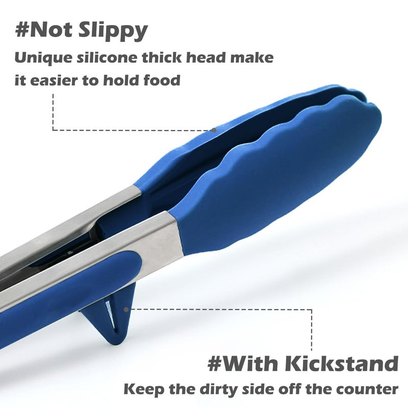 TOWINGO Kitchen Tongs, 9 Inch Tongs for Cooking with Silicone Tips, Food Grade Small Silicone Tong, Mini Serving Tong for Nonstick Pans, BBQ, Salad, Set of 3, Blue - Image 2